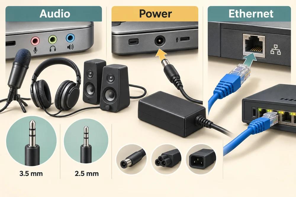 Separate socket examples show audio plugs, a power adapter and an Ethernet network cable.