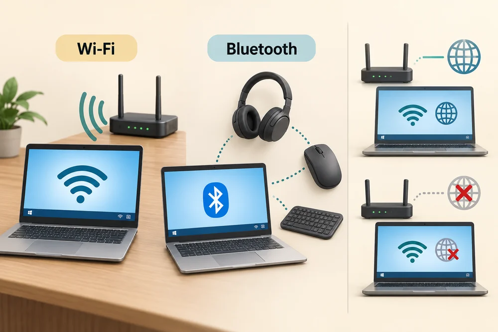 Wi-Fi links a laptop to a router; Bluetooth links nearby accessories. A Wi-Fi connection can remain without internet access.