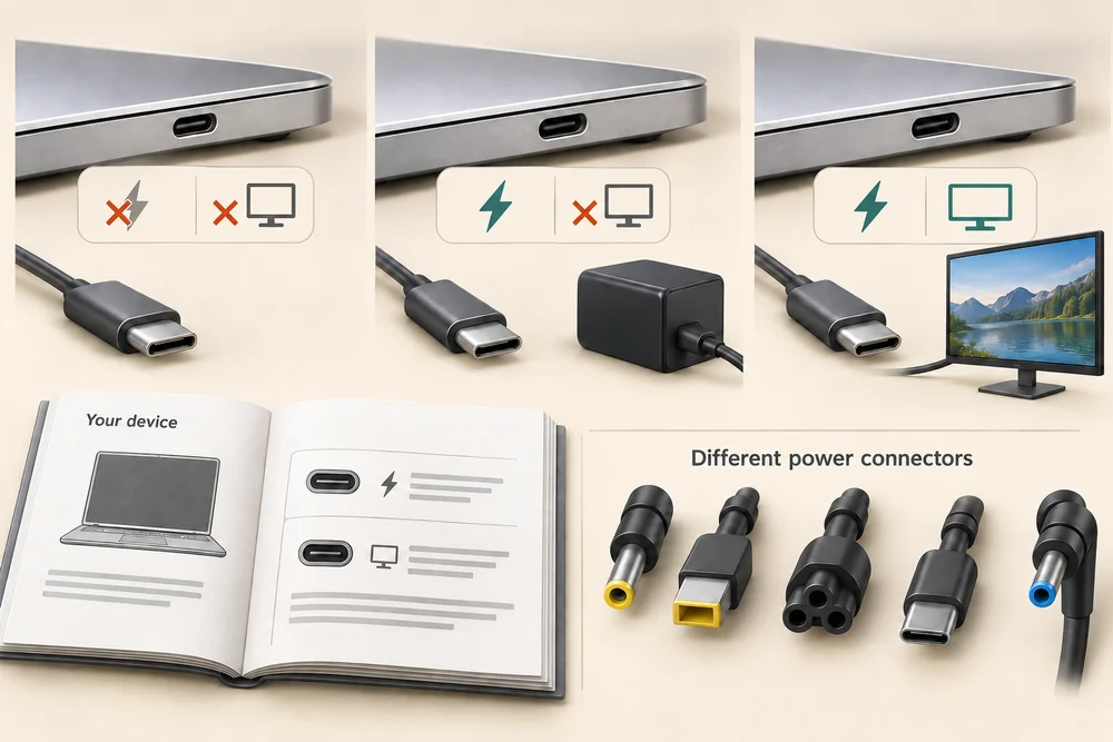 Identically shaped USB-C ports support different combinations of charging and display output; a manual identifies supported functions.