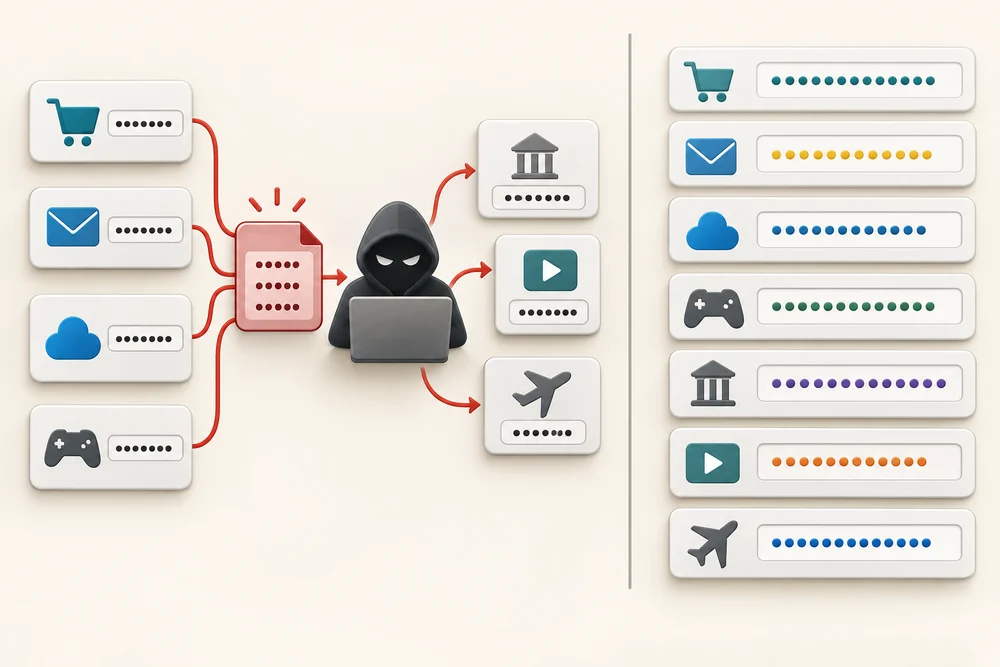 Reusing one password can expose several accounts; separate passwords limit the spread of a stolen secret.