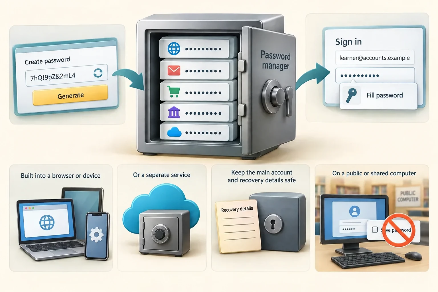 A password manager generates and stores different account passwords and can assist sign-in; protect access to the manager itself.