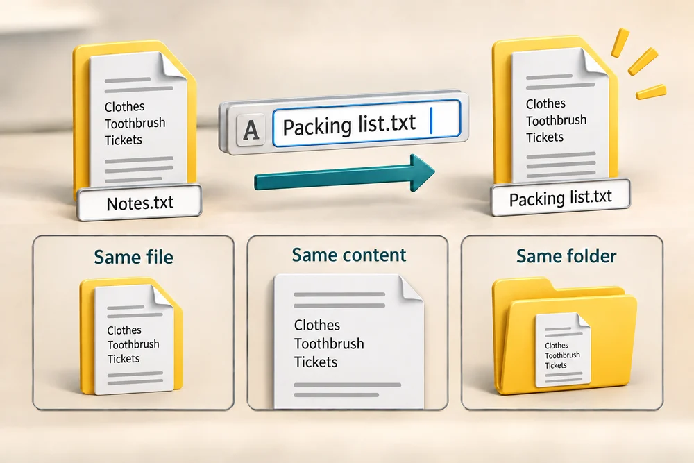 Notes.txt becomes Packing list.txt; the file, its contents and its folder stay the same.