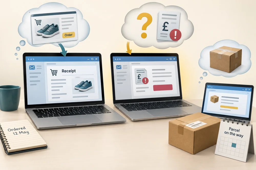 An expected receipt is compared with an unexpected account or payment request that needs checking.