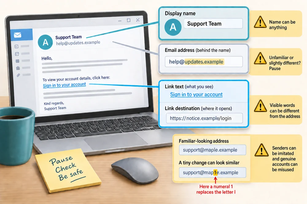 An email's display name, full sender address and link destination are shown as separate details to inspect.