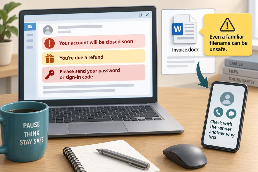 An urgent closure threat, password request and unexpected attachment prompt a pause and independent check.