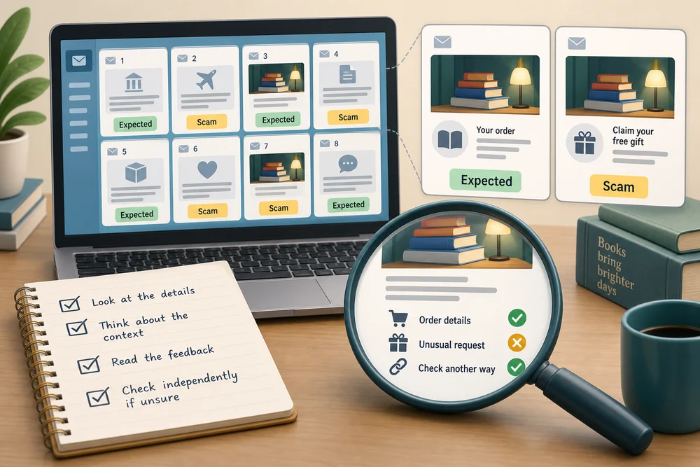 Eight fictional email examples are presented for checking the sender, request and safer next step.