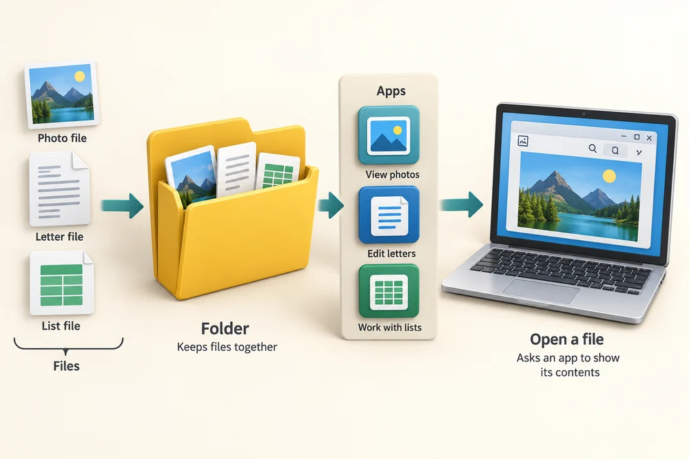 Photo, letter and list files are kept in a folder and opened with suitable apps.