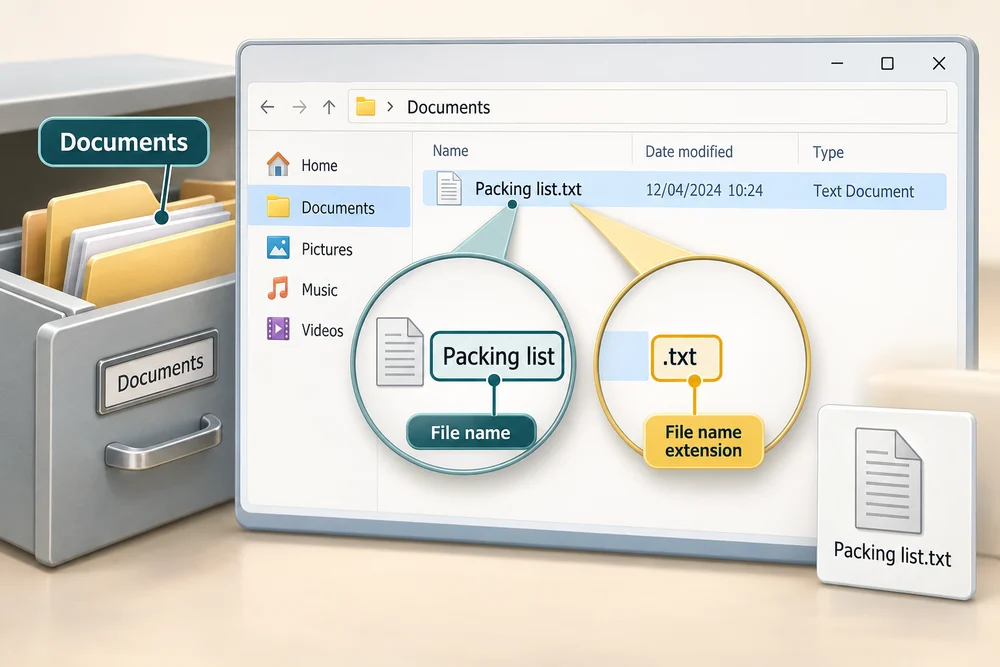 File Explorer shows Packing list.txt in Documents, with its name and .txt extension enlarged separately.