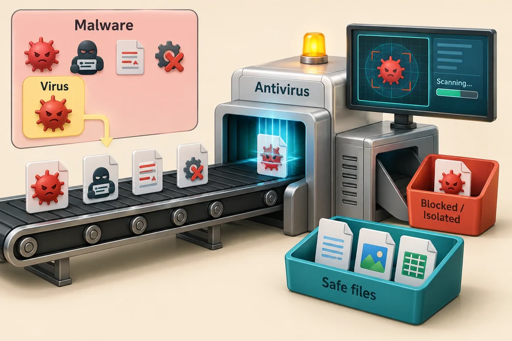 A conceptual antivirus checkpoint separates detected malware from other files; harmful software can threaten a computer.