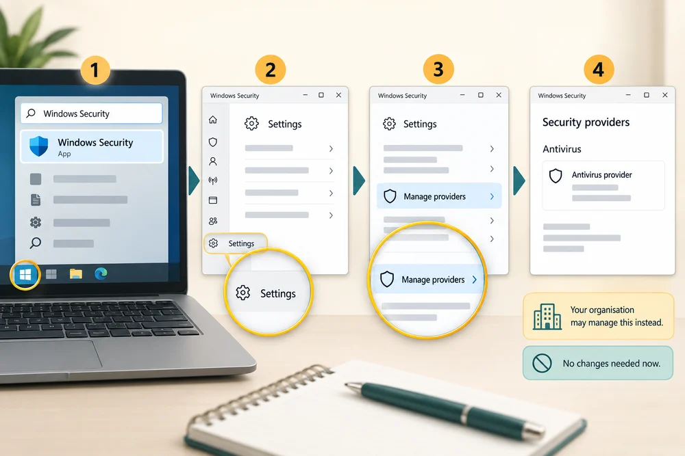 Windows Security leads through Settings, Manage providers and the active antivirus provider's status.