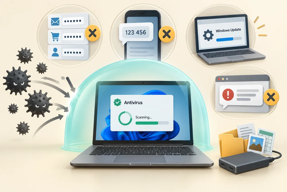 Antivirus works alongside updates, account protection, careful source checks and backups.