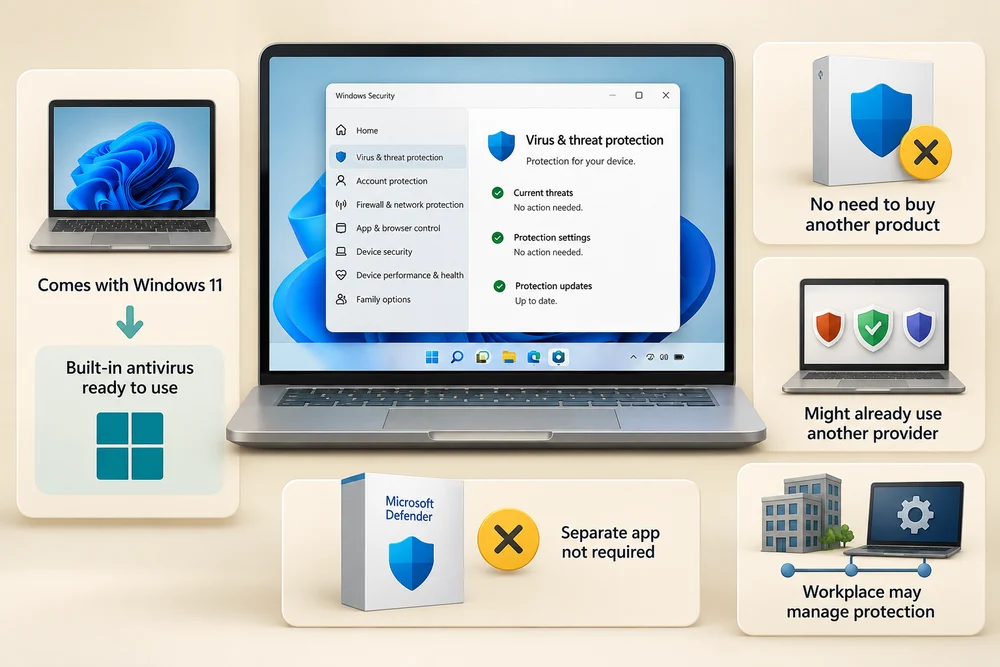 Windows 11 includes Microsoft Defender Antivirus; another provider or workplace management can affect the active protection.