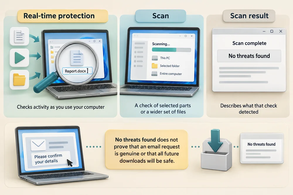 Real-time protection checks activity, a scan checks selected places or files and a clean result is not an absolute guarantee.