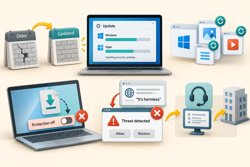 Security updates refresh protection; a fake warning inside a webpage is compared with a notification that needs checking independently.