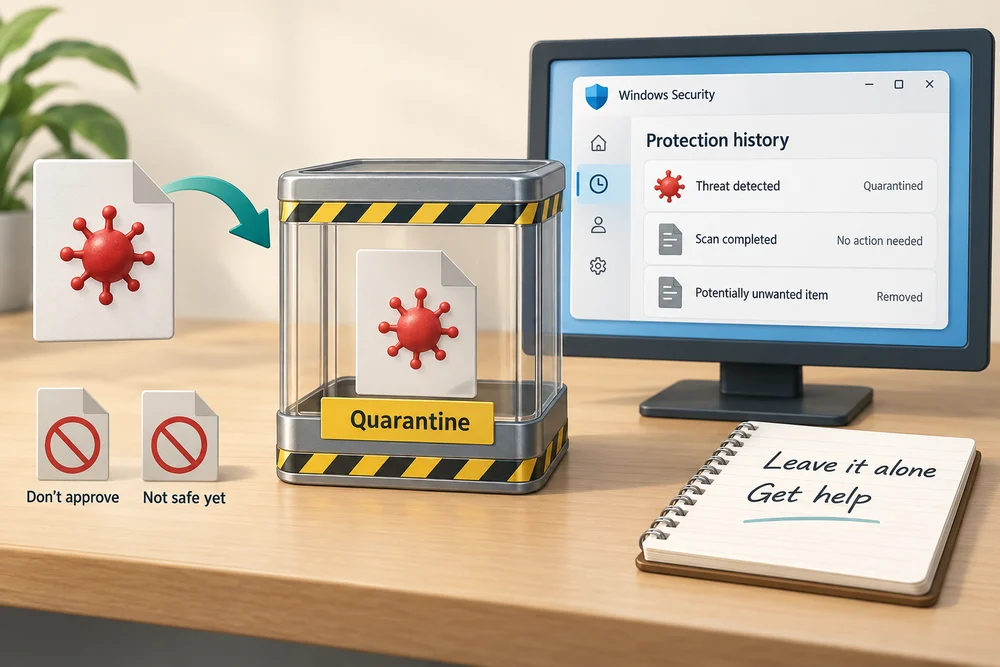 Quarantine isolates a detected item; do not restore or run it casually, and seek help if unsure.