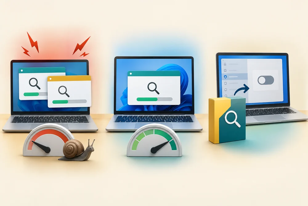 Competing antivirus scanners are compared with one active scanner and supporting checks, illustrating possible conflict and slowdown.