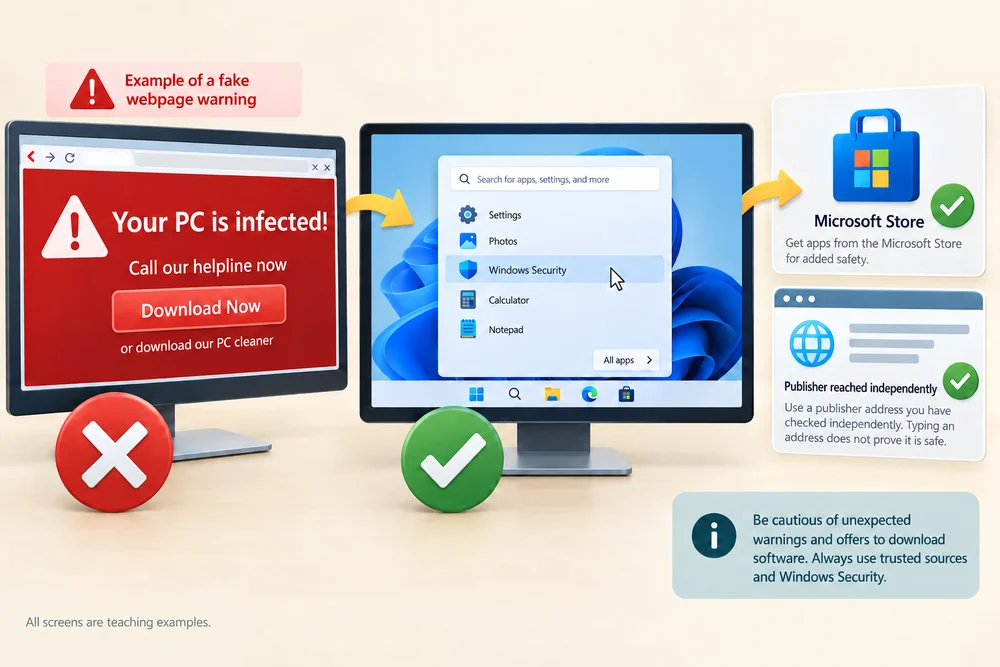 An alarming warning drawn inside a webpage is compared with opening a trusted app directly to check the situation.