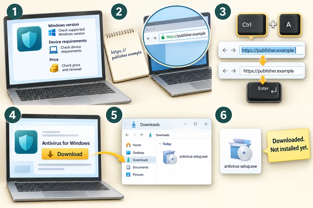 A publisher-download example shows checking the address, downloading the intended installer and finding the file in Downloads.