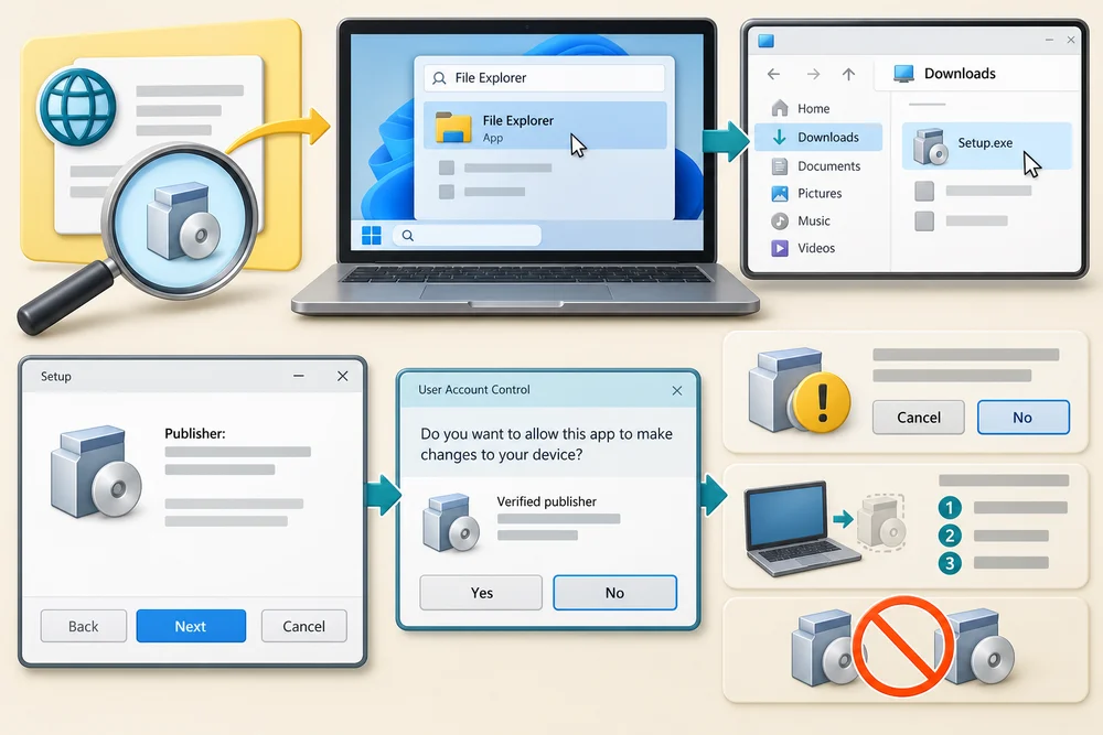 Before opening a downloaded installer, check the source and product; read the permission request and cancel if details do not match.