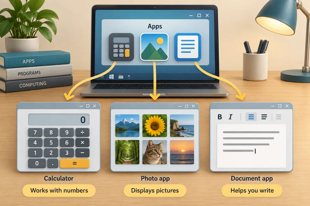 A calculator works with numbers, a photo app displays pictures and a document app helps with writing.