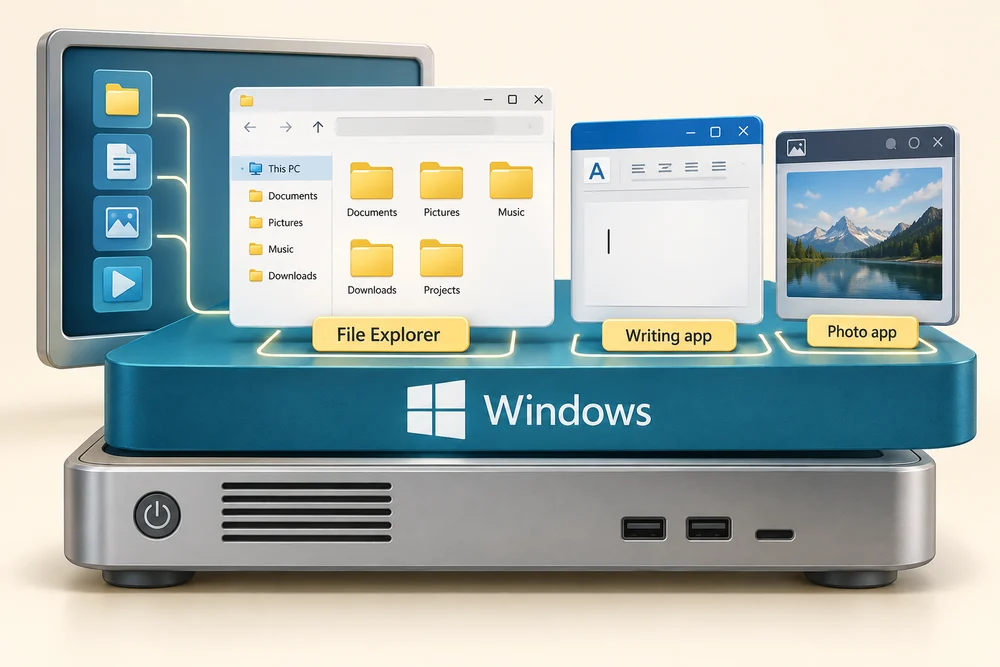 Windows supports File Explorer, a writing app and a photo app above the computer hardware.