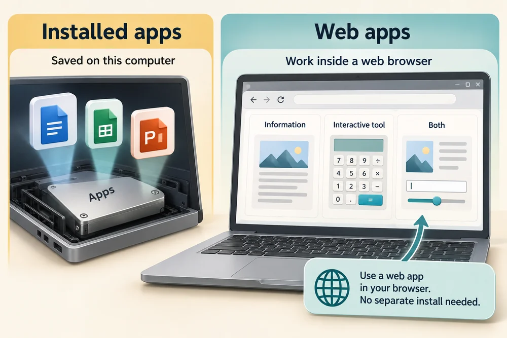 Installed apps are saved on the computer; web apps are used inside a browser.