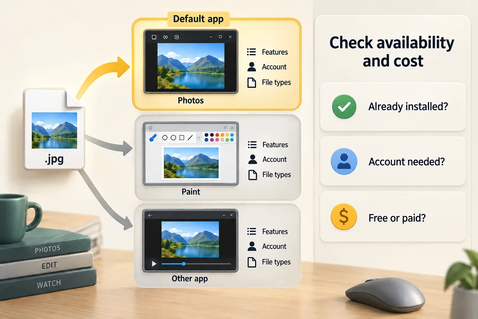A JPG opens in its default photo app or another suitable app; check availability, account requirements and cost.