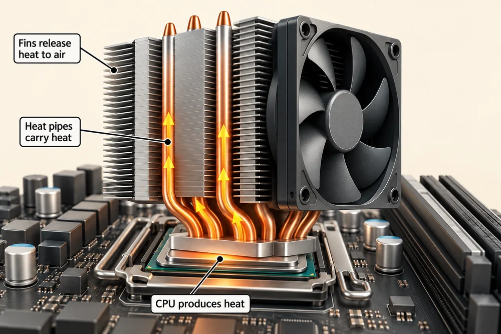 Heat travels from the CPU through copper heat pipes into fins, where airflow carries it away.