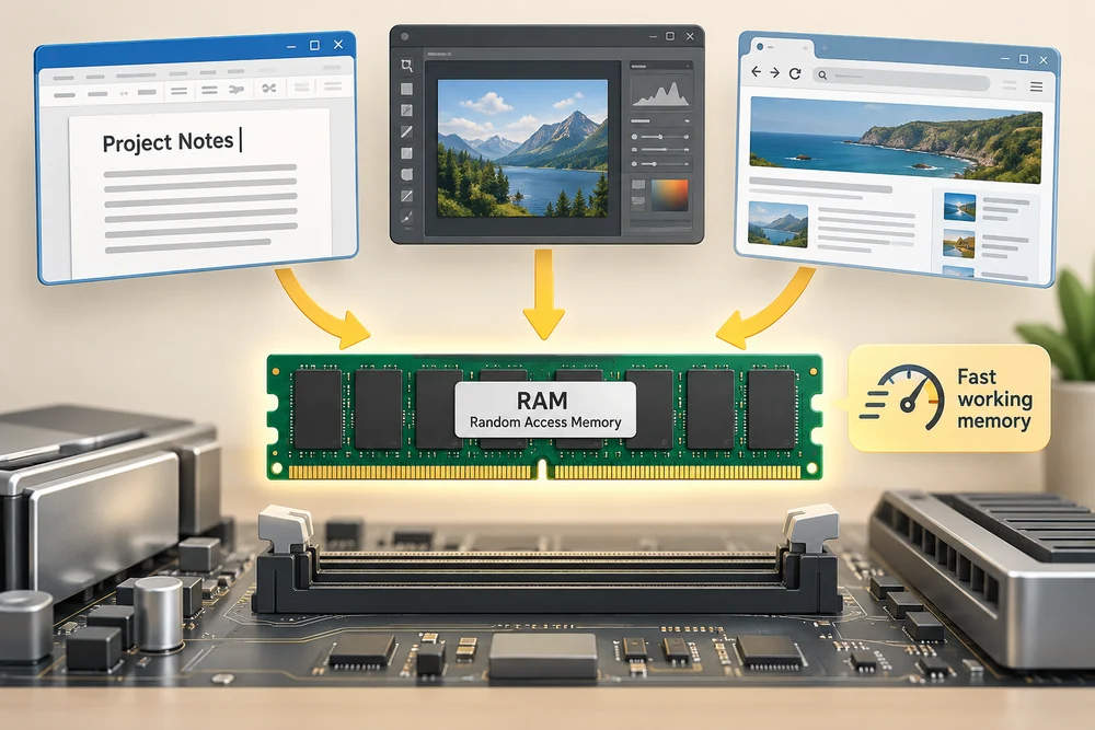 An open document, photograph and browser page use RAM as fast working memory.