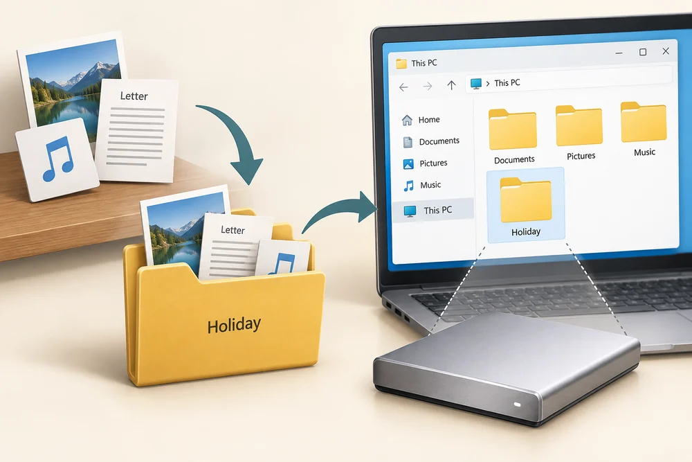 Photograph, letter and music files are grouped in a Holiday folder and viewed in File Explorer.