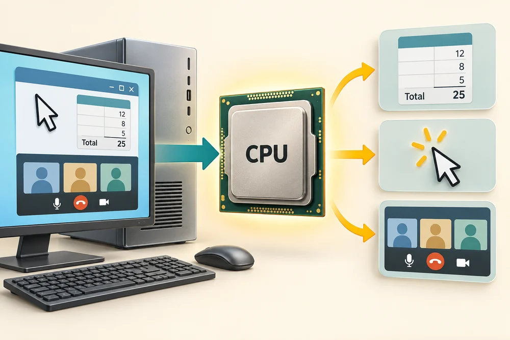 A CPU receives work from apps and produces calculations, pointer responses and video-call output.