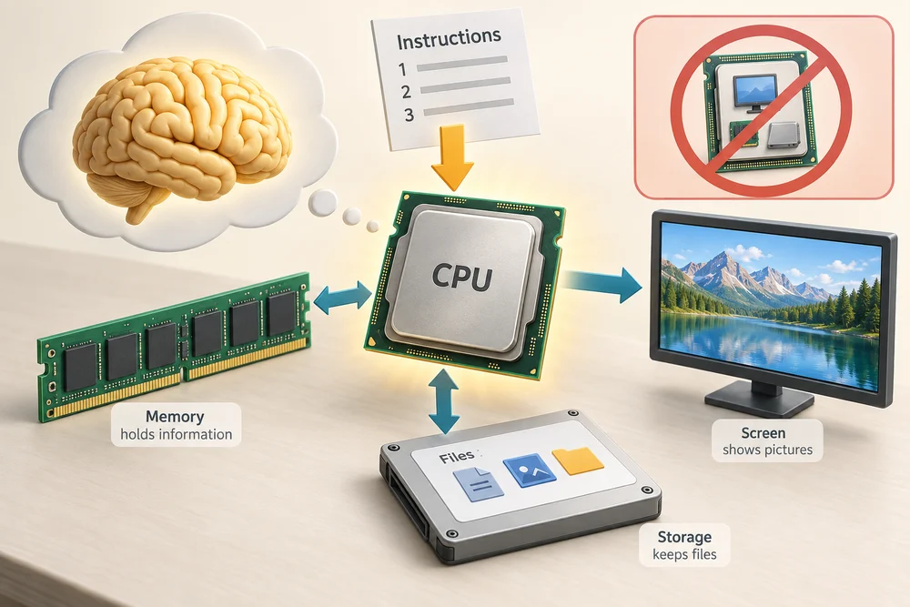 A brain is a comparison for the CPU, which actually follows instructions electronically using memory and storage.