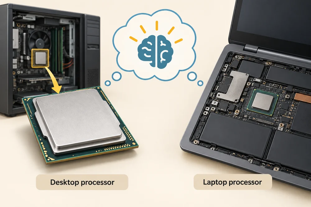 An enlarged desktop processor is compared with the processor fitted inside a laptop.