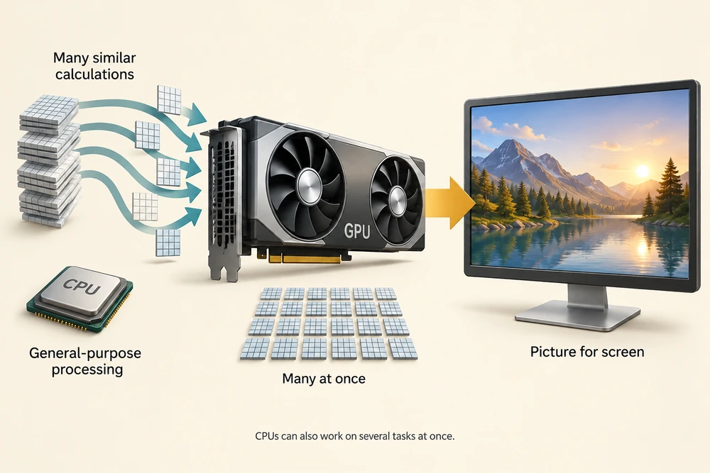 CPU general-purpose processing and GPU parallel calculations, noting that CPUs can also work on several tasks at once.