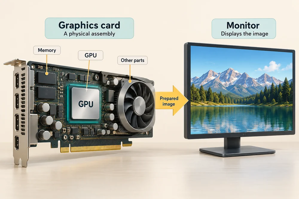 The GPU on a graphics card prepares an image and the separate monitor displays it.