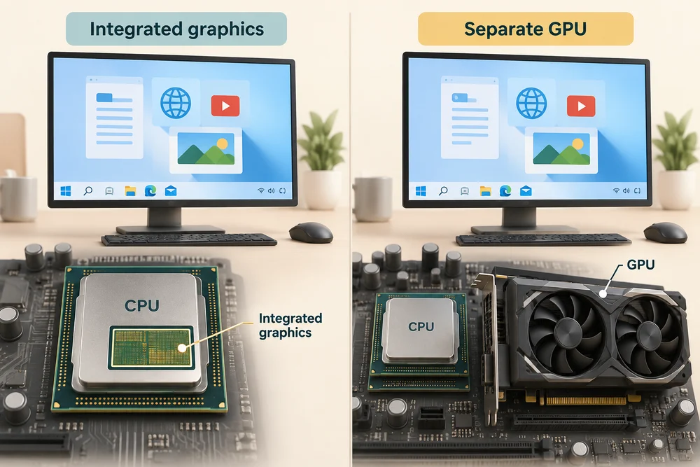 Integrated graphics inside a processor and a separate graphics card can both produce a screen image.