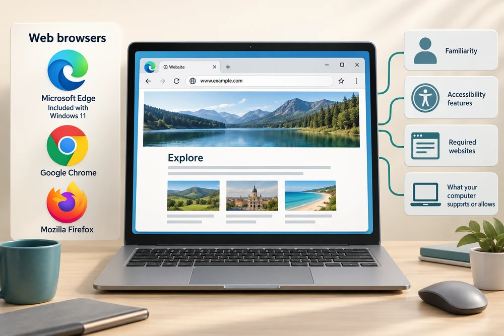 Different web browsers open websites, including learning pages, accessibility information and forms.