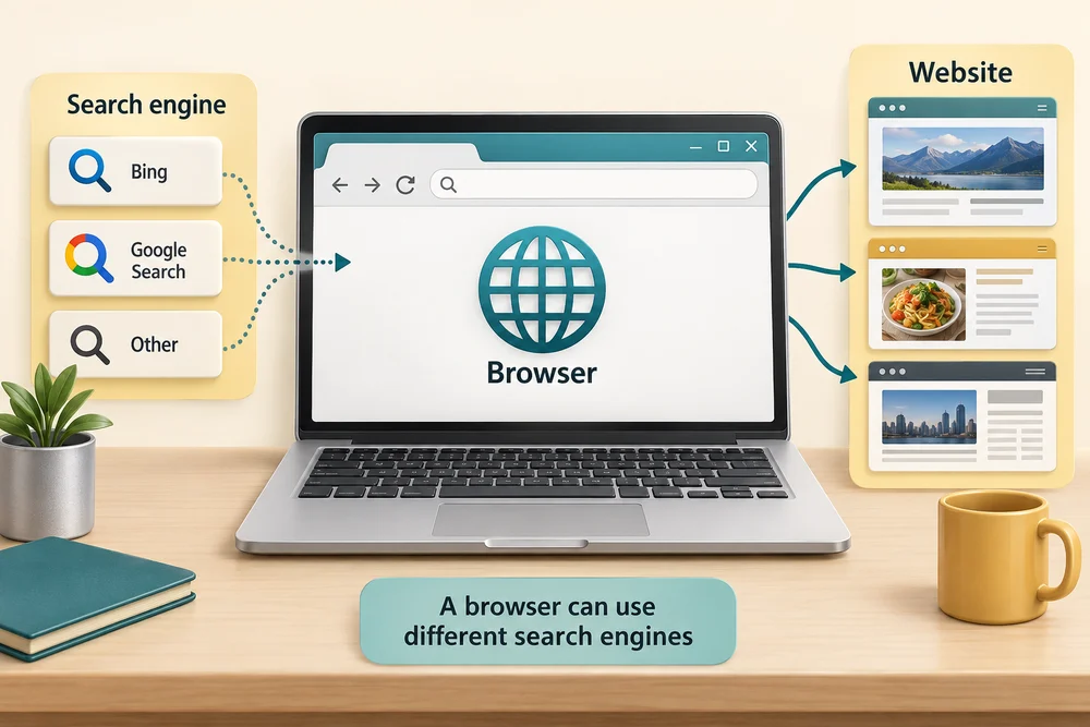 A browser opens websites and can use different search engines to find them.