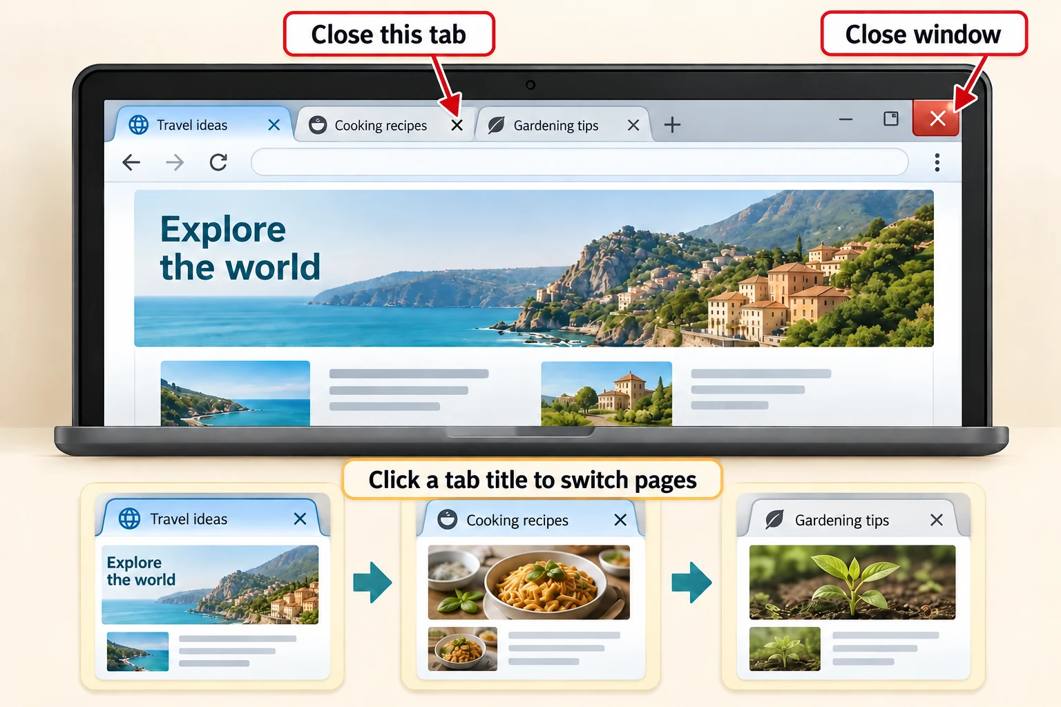 Several tabs hold different pages in one browser window; closing a tab differs from closing the whole window.