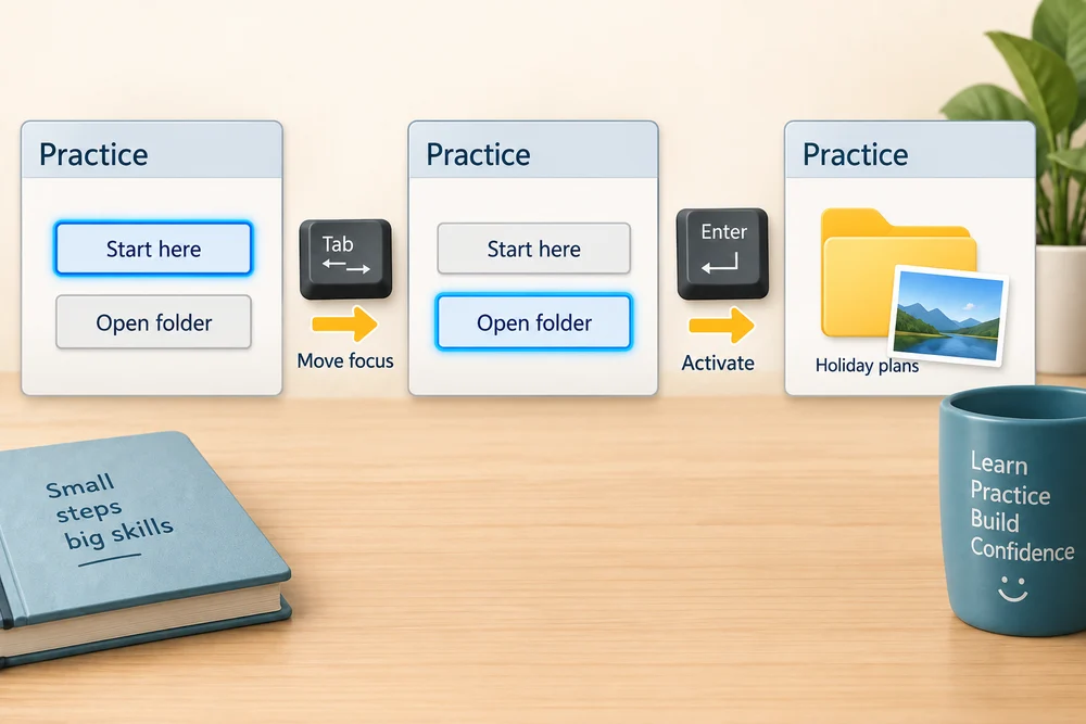 Tab moves the focus outline to Open folder; Enter activates that focused button.