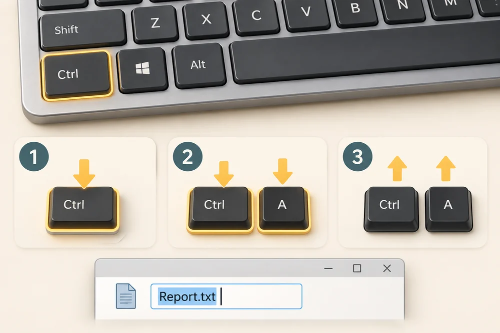 Ctrl is highlighted near the bottom of the keyboard. Hold Ctrl, press A to select text, then release both keys.