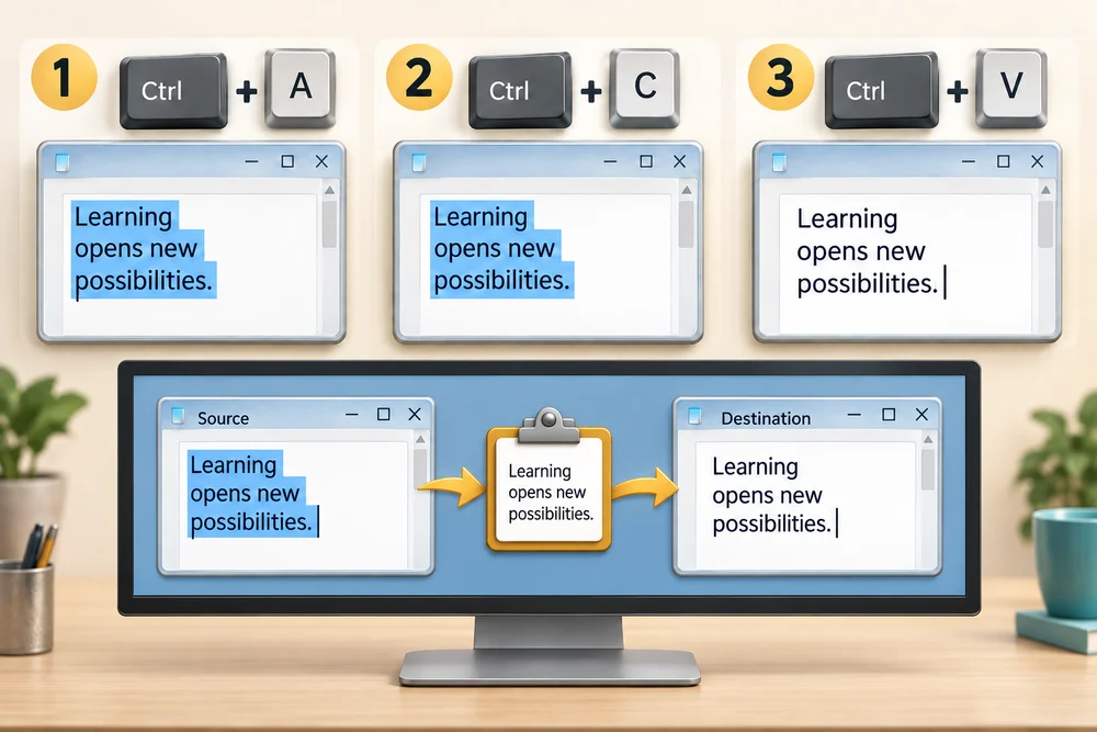 Ctrl+A selects the text, Ctrl+C copies it and Ctrl+V pastes a separate copy.