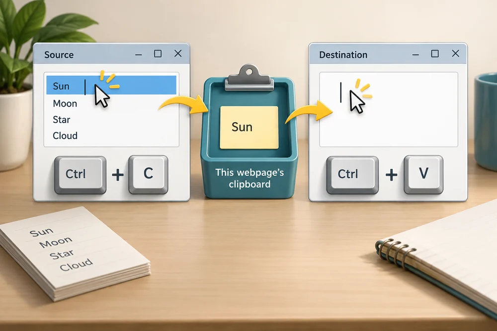 Text selected in a source box is copied to the clipboard and pasted at the cursor in a destination box.