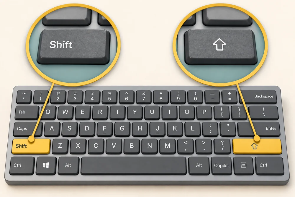 Both Shift keys are highlighted; close-ups show the word Shift and the upward-arrow symbol used on key labels.