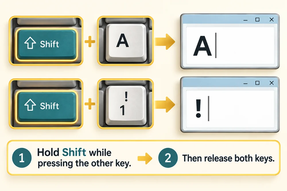 Hold Shift while pressing A to type uppercase A, or while pressing the punctuation key to type its upper symbol; then release both.