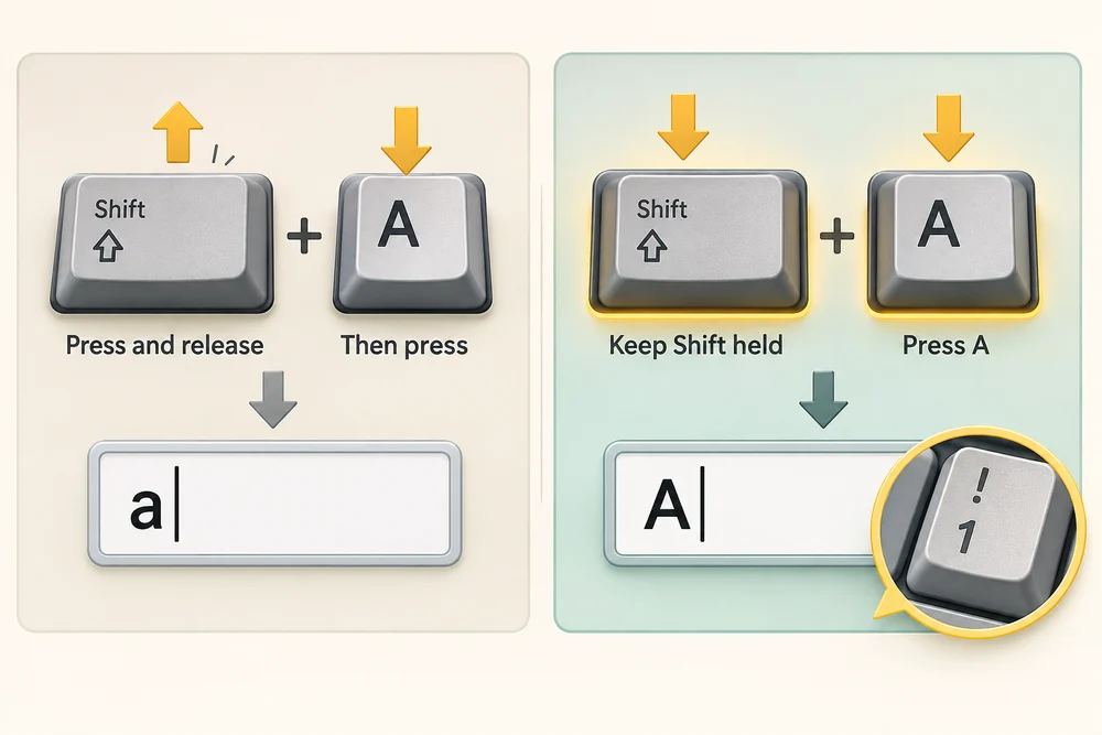 Releasing Shift before pressing A types lowercase a; holding Shift while pressing A types uppercase A.