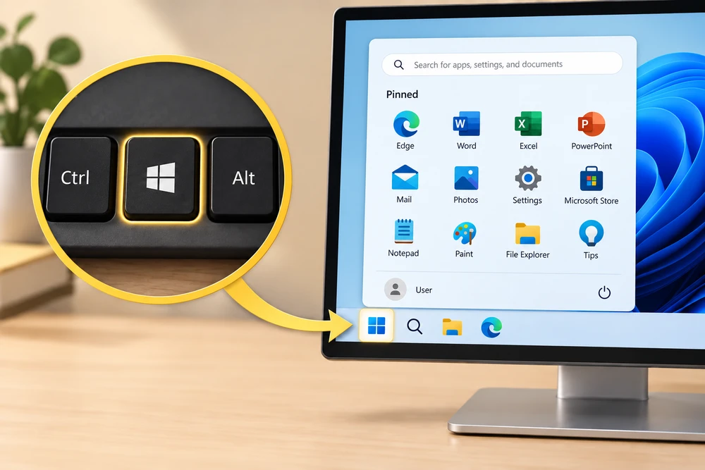 The Windows key between Ctrl and Alt opens Start, which shows search, pinned Settings, account and power above the taskbar.