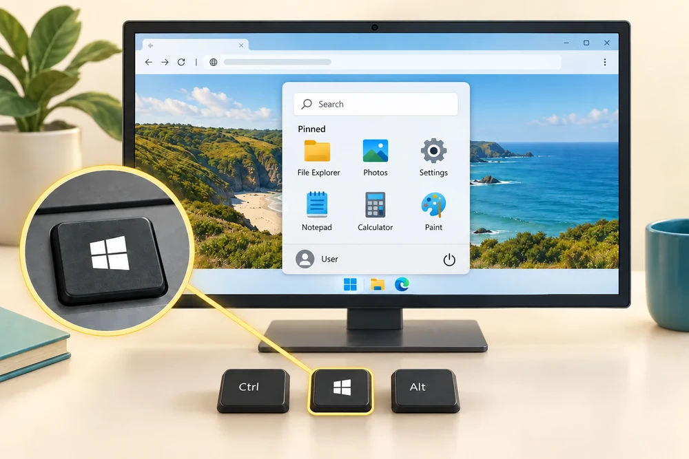 The Windows key opens Start above a browser, showing search, pinned apps including Settings, account and power.