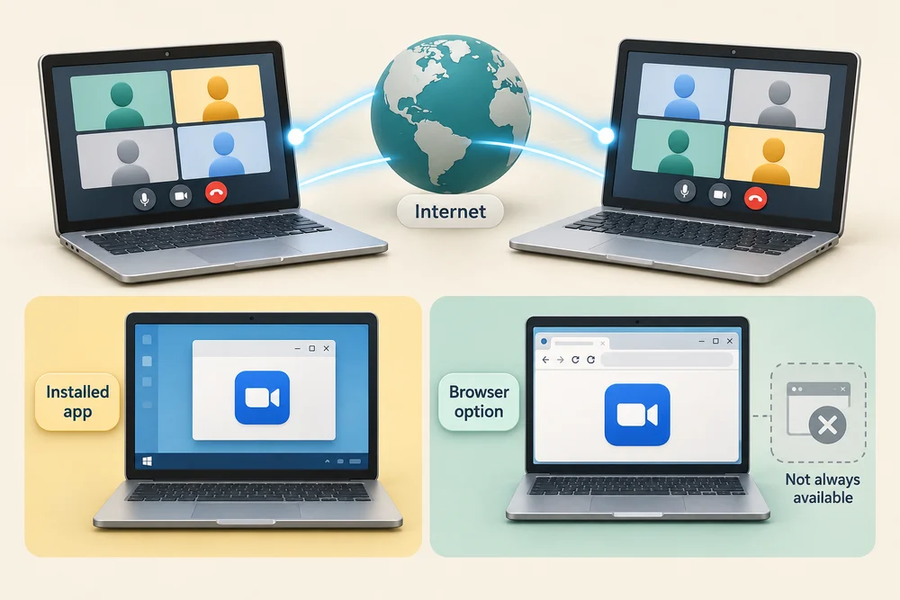 Two computers exchange video over the internet using an installed app or a browser; features may differ.
