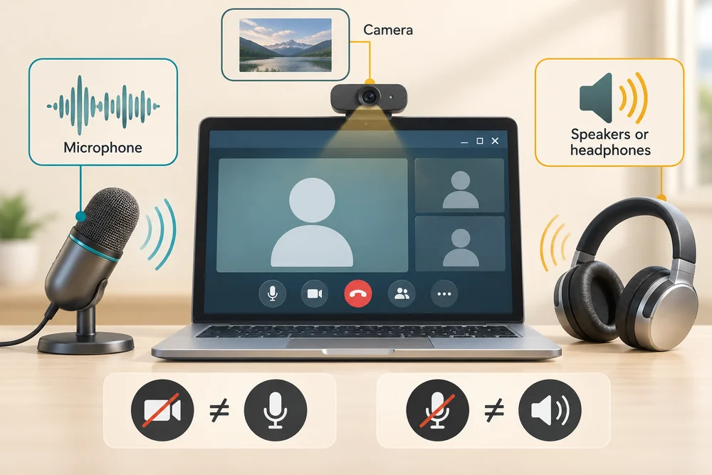 A microphone sends sound, a camera sends pictures and speakers or headphones play incoming call audio.